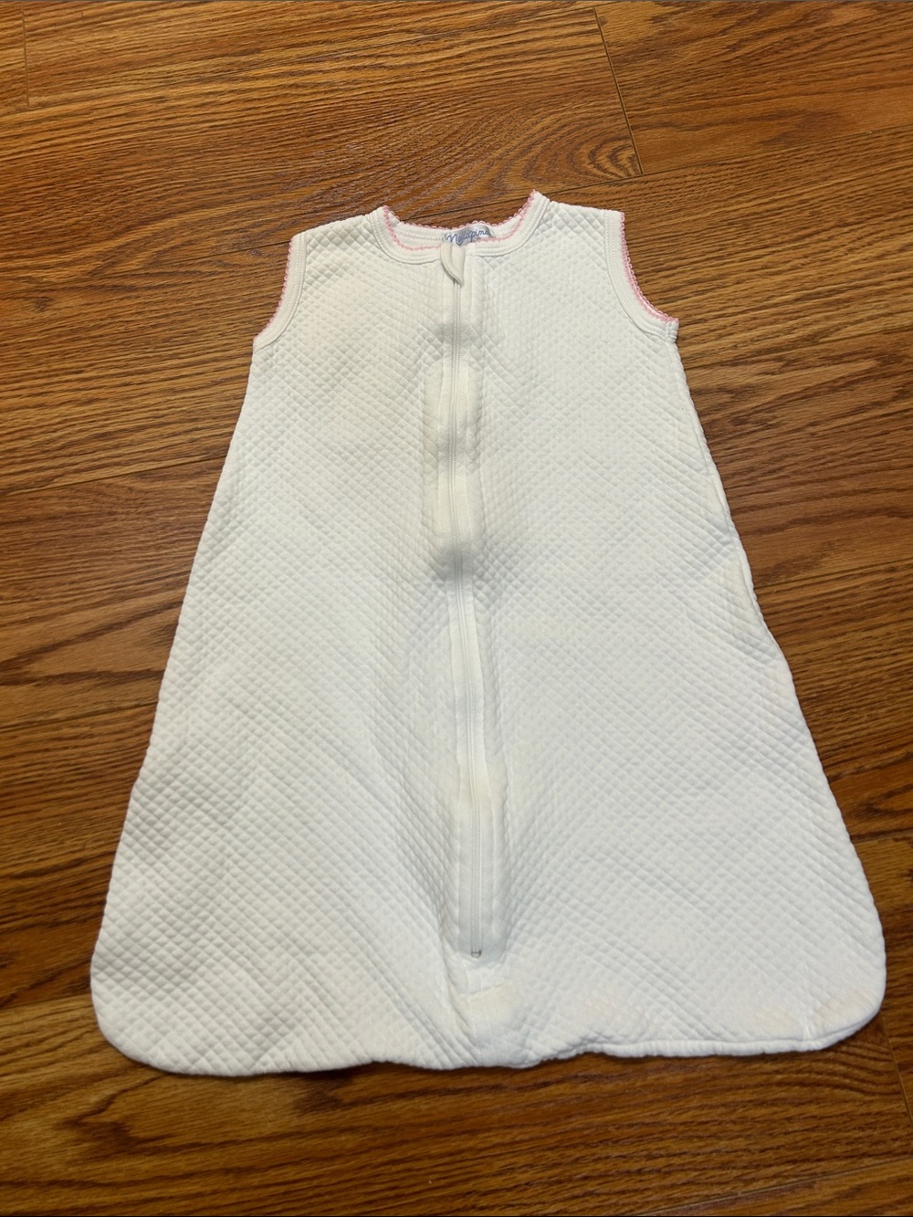 Sleeveless Quilted White Baby Sleep Sack with Pink Trim